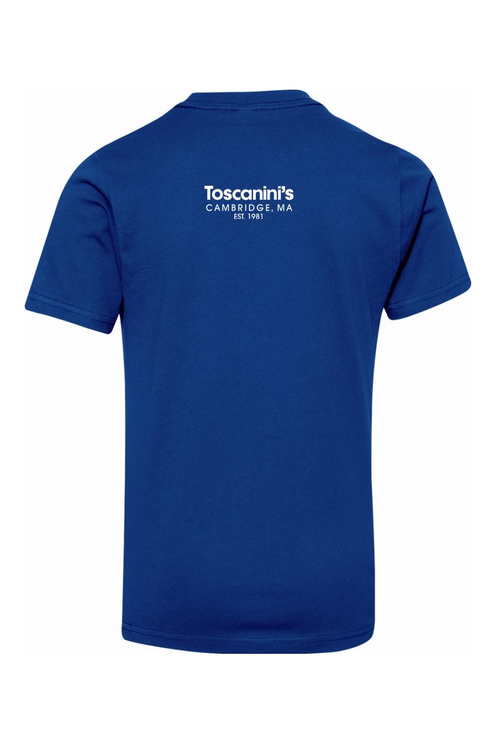 Royal blue 100% cotton youth T-shirt featuring the white Toscanini's Cambridge, MA logo on the back.