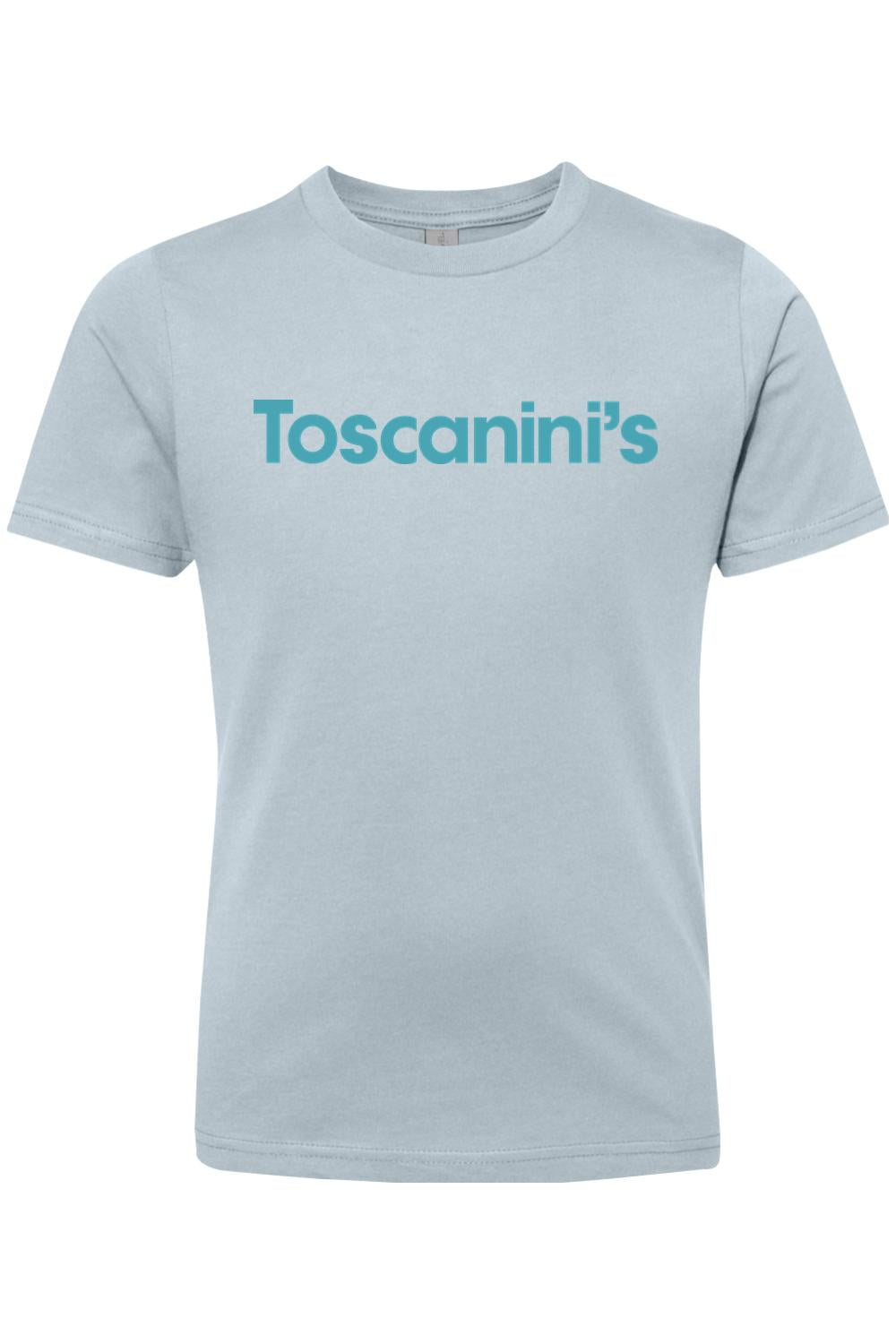 Light blue youth cotton t-shirt featuring the Toscanini's logo in teal on the chest.