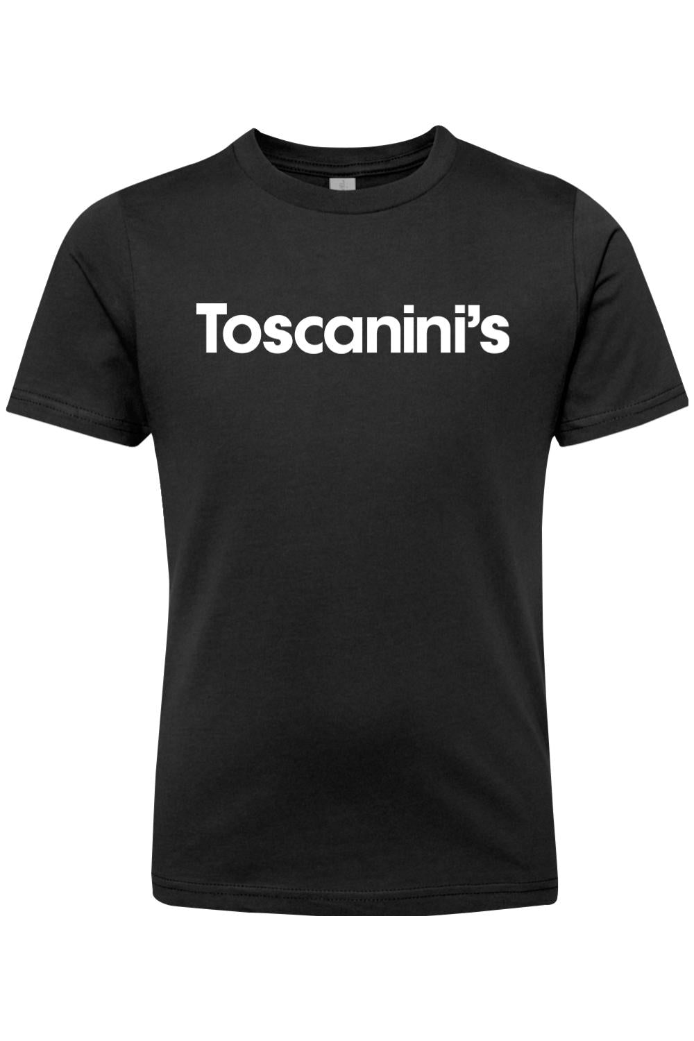 Black 100% cotton youth T-shirt featuring the white Toscanini's logo printed on the chest.