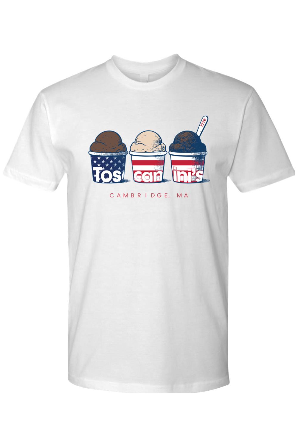 White cotton t-shirt featuring three ice cream cups with patriotic American flag designs and Toscanini's branding.