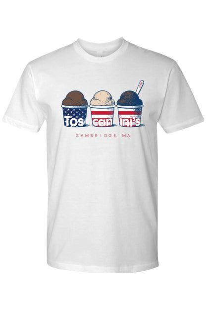 White cotton t-shirt featuring three ice cream cups with patriotic American flag designs and Toscanini's branding.