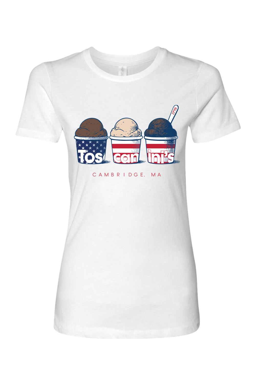 White women's cotton t-shirt featuring a Toscanini's America 1776 ice cream graphic with patriotic cup designs.