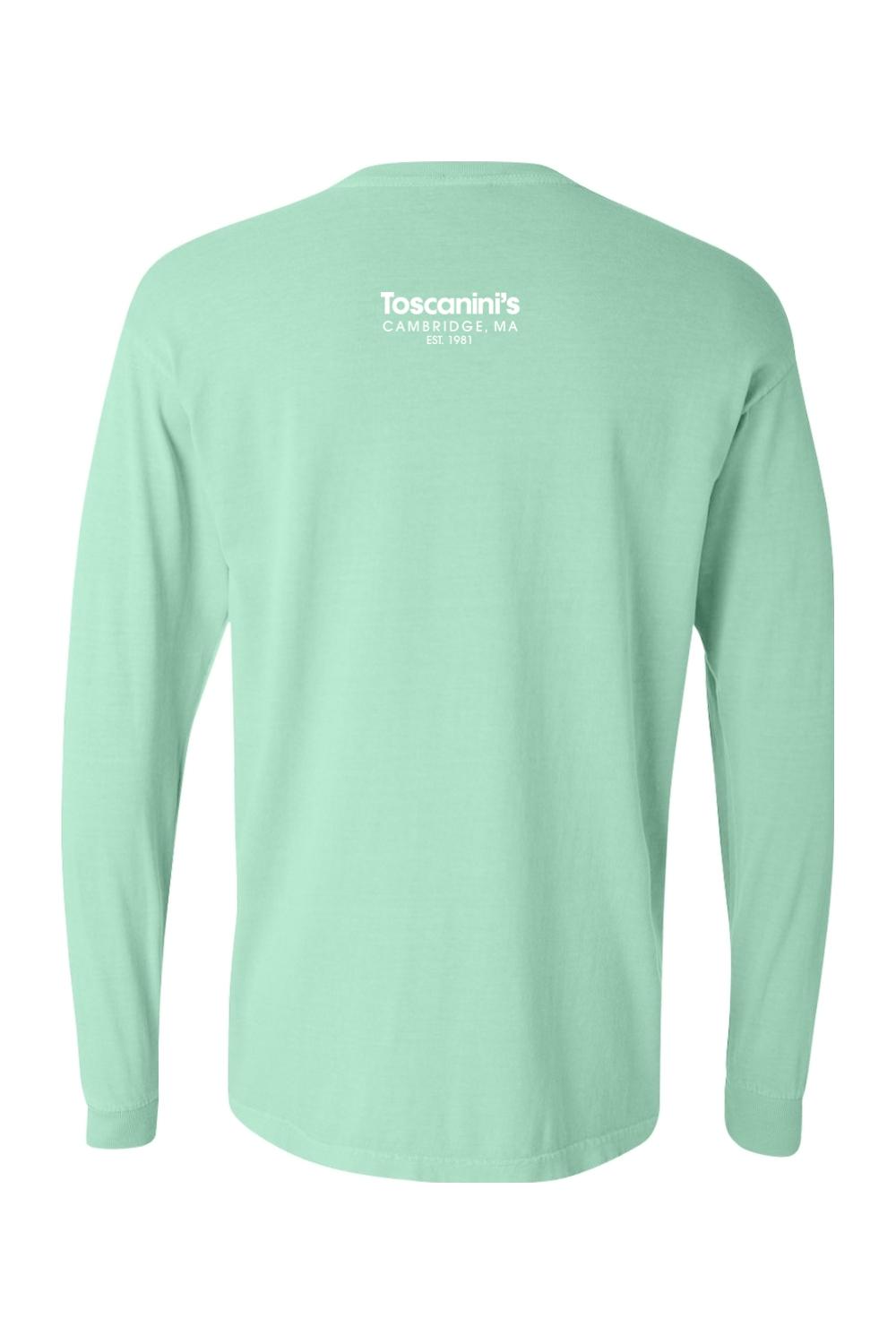 Mint green Comfort Colors long sleeve cotton t-shirt featuring white Toscanini's Cambridge logo on the back.