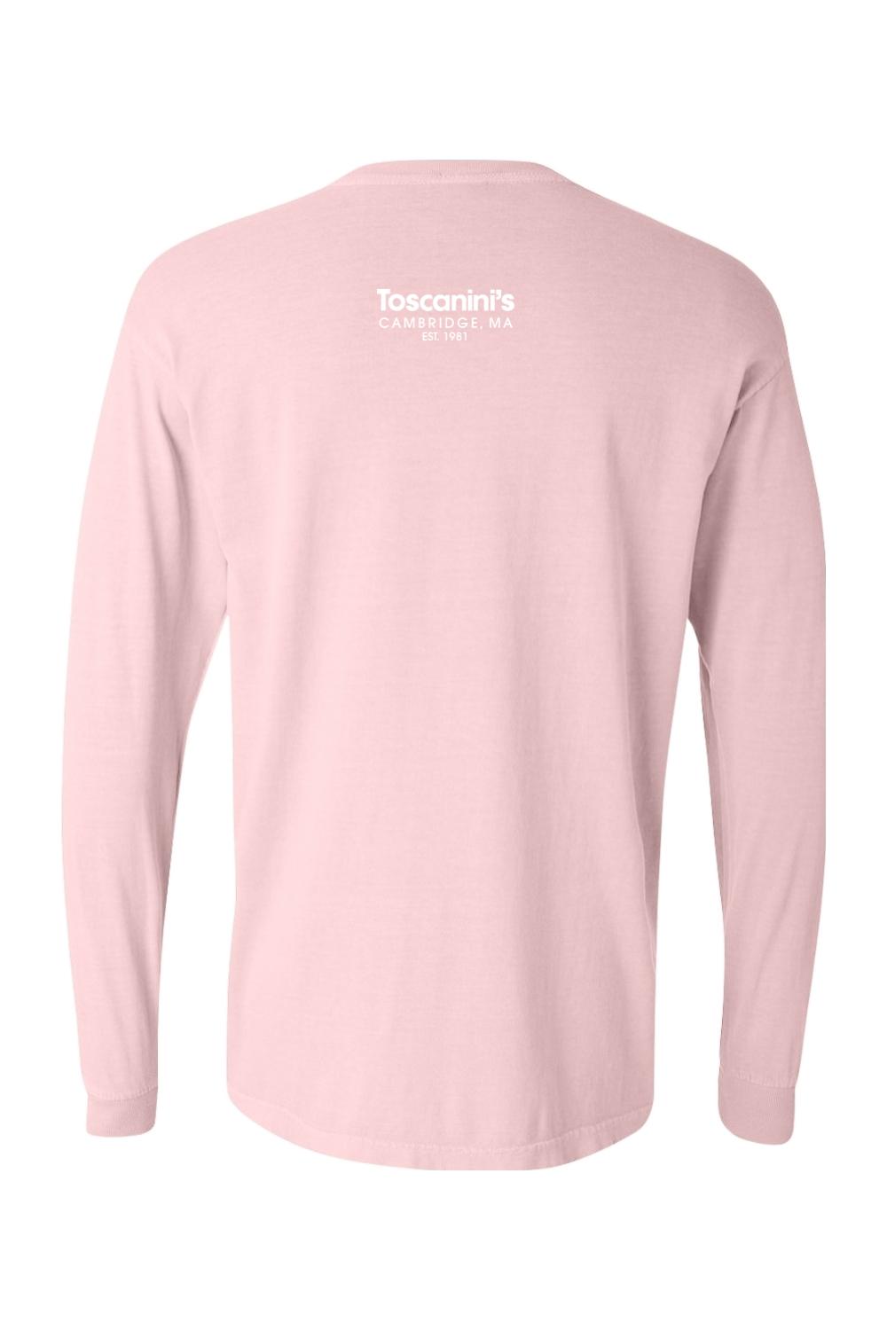 Light pink Comfort Colors long sleeve cotton t-shirt featuring white Toscanini's Cambridge logo on the back.