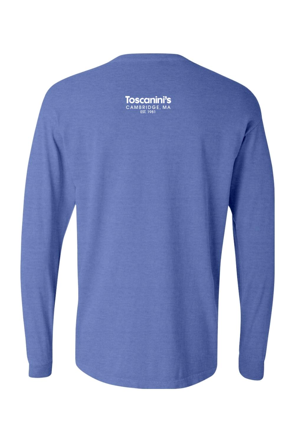 Blue Comfort Colors long sleeve cotton t-shirt featuring white Toscanini's Cambridge, MA logo on the back.