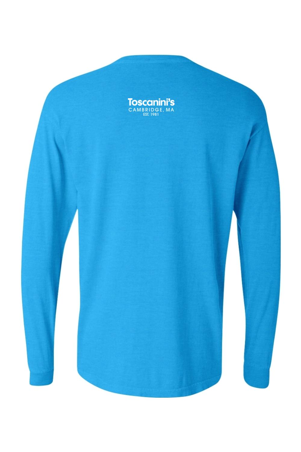 Bright blue Comfort Colors long sleeve t-shirt featuring a white Toscanini's Cambridge logo on the back.