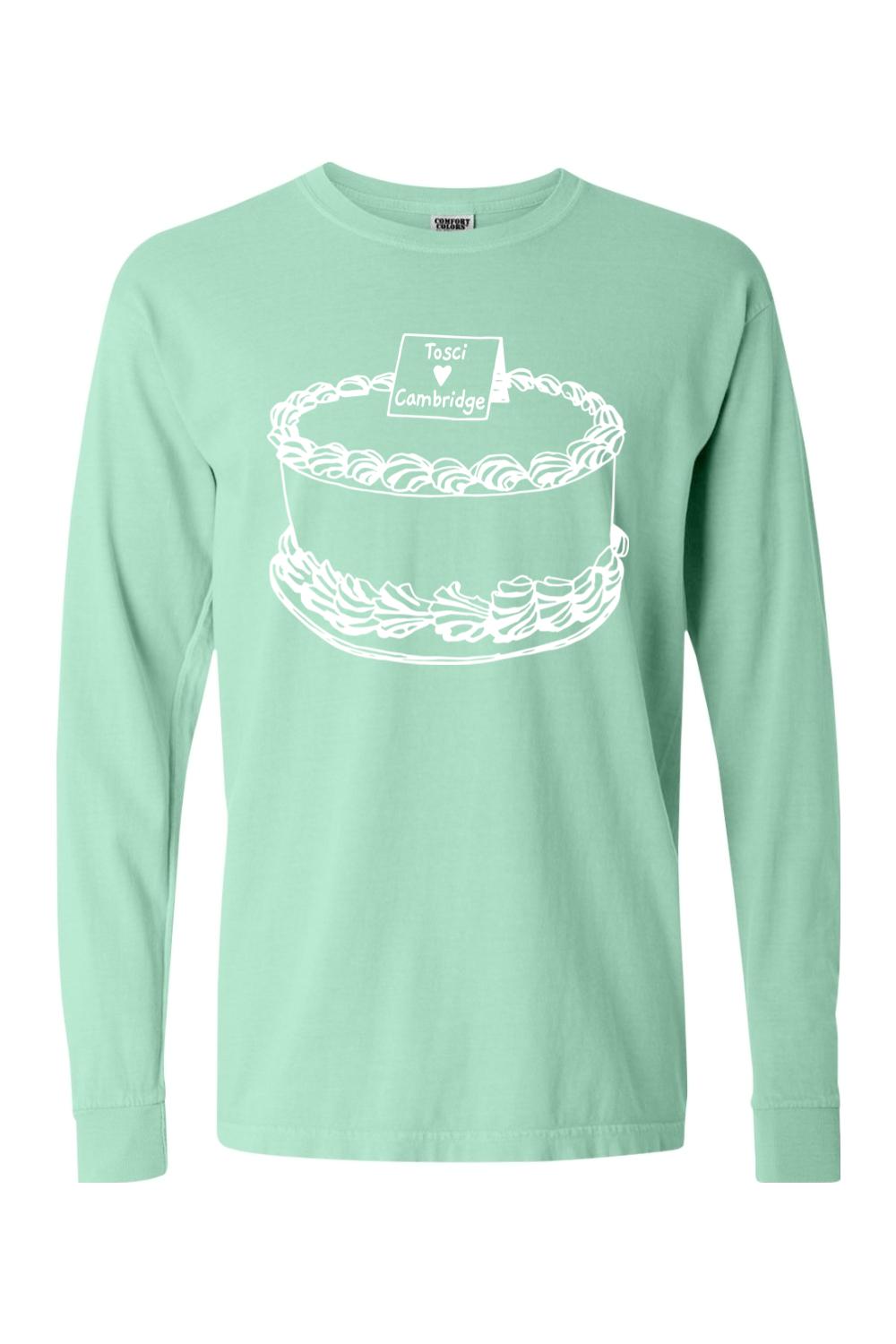 Mint green Comfort Colors long sleeve cotton t-shirt featuring a white Toscanini's cake graphic on the chest.