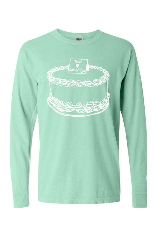 Mint green Comfort Colors long sleeve cotton t-shirt featuring a white Toscanini's cake graphic on the chest.