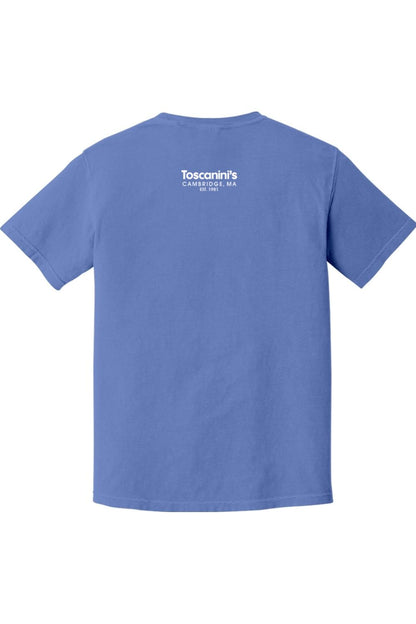 Blue Comfort Colors short sleeve t-shirt featuring white Toscanini's Cambridge, MA logo on the upper back.