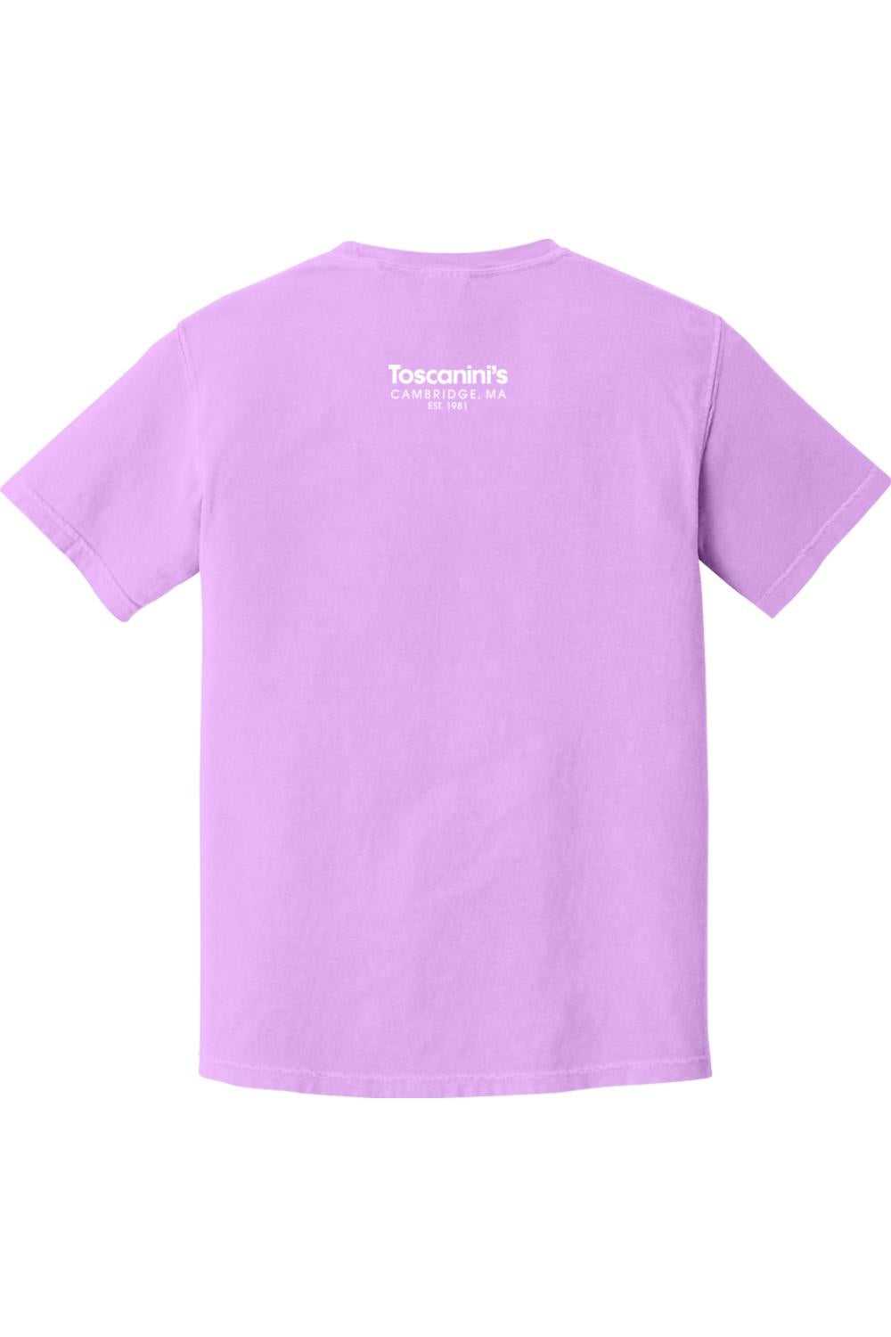 Lavender Comfort Colors short sleeve t-shirt featuring white Toscanini's Cambridge, MA logo on the upper back.
