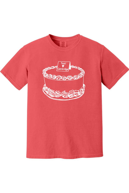 Red Comfort Colors short sleeve t-shirt featuring a white line-art cake graphic with Tosci heart Cambridge text.