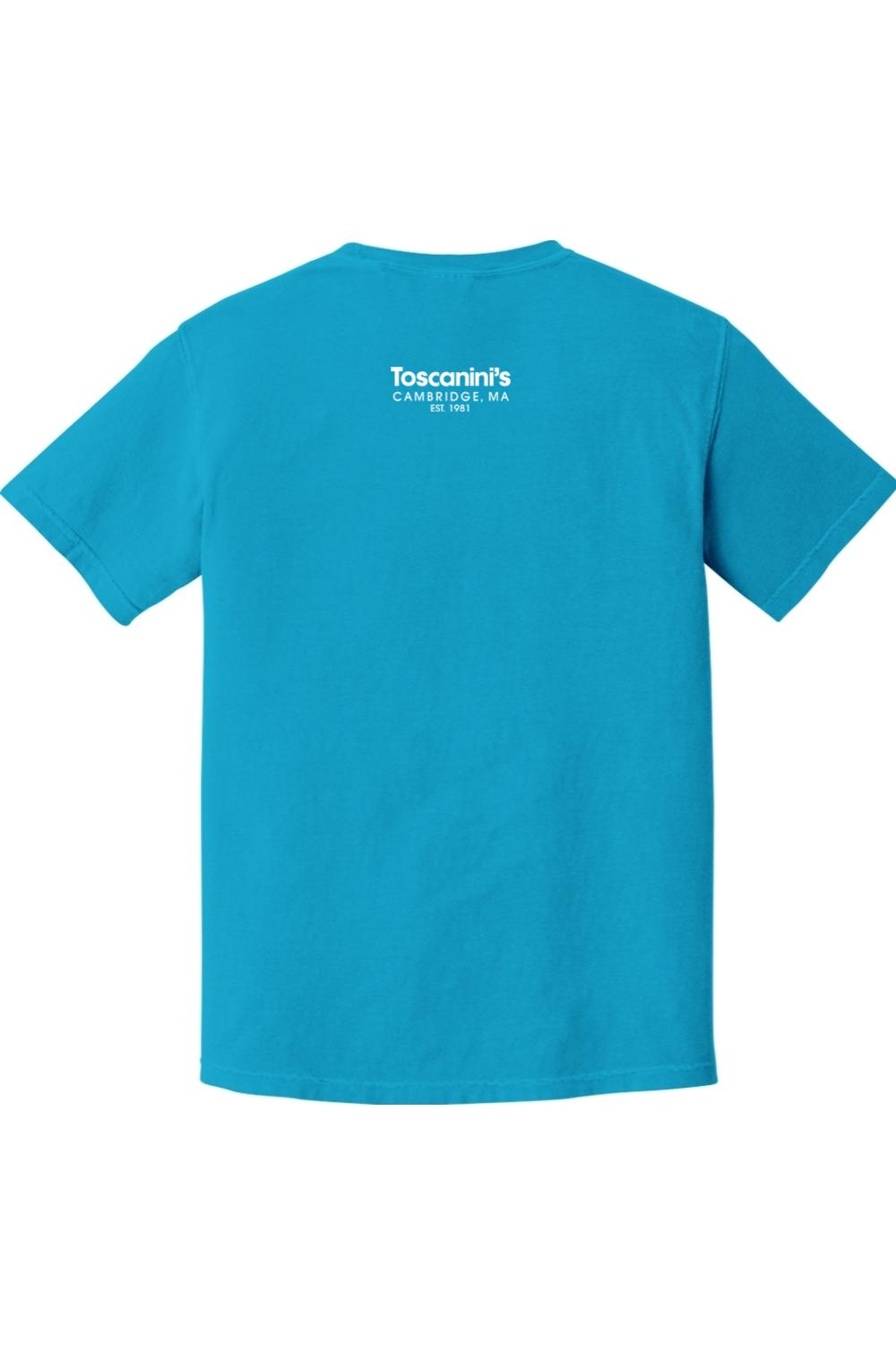 Bright blue Comfort Colors short sleeve t-shirt featuring white Toscanini's Cambridge, MA logo on the back.