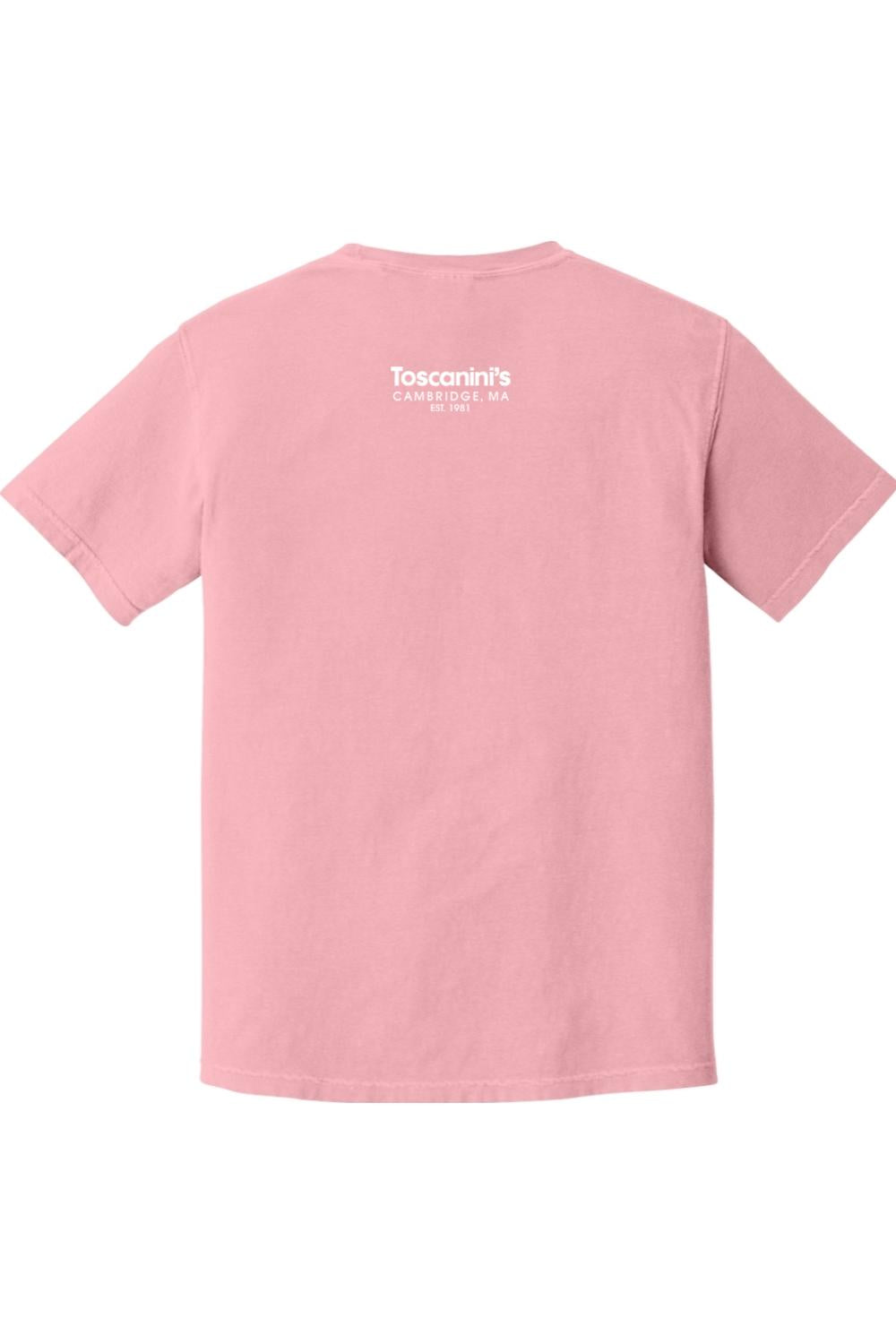 Soft pink Comfort Colors short sleeve t-shirt featuring white Toscanini's Cambridge, MA logo on the upper back.