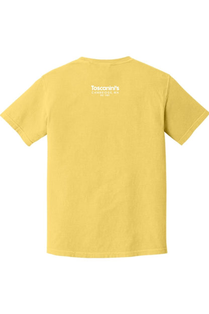 Yellow Comfort Colors short sleeve t-shirt featuring a white Toscanini's Cambridge logo on the back.