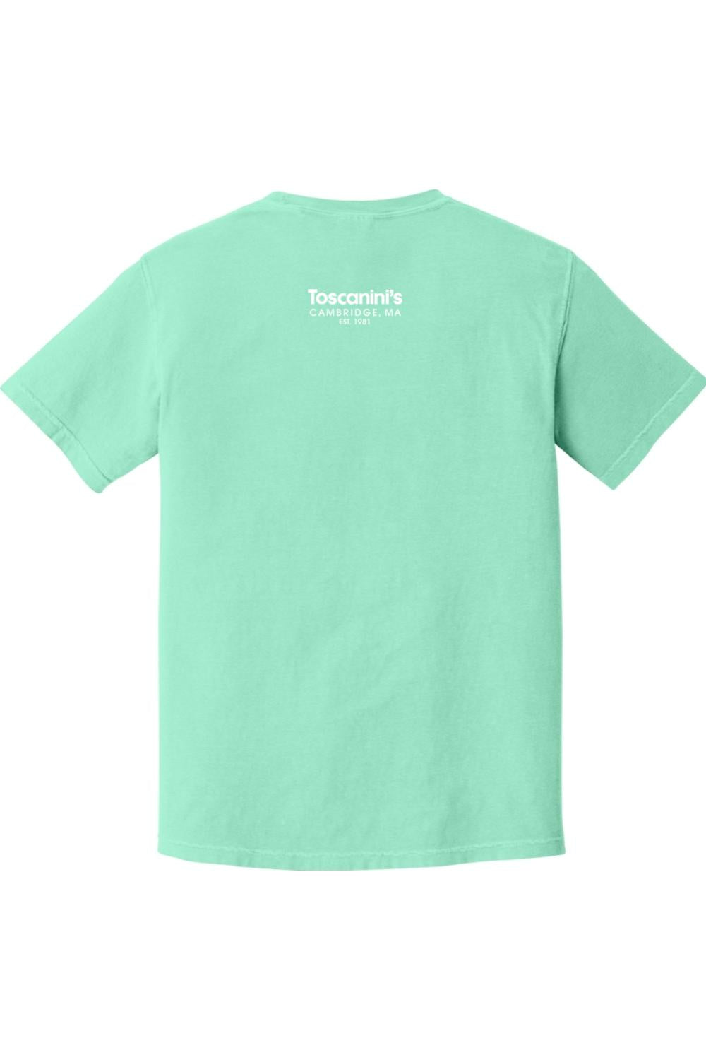 Mint green Comfort Colors short sleeve t-shirt featuring white Toscanini's Cambridge logo on the back.