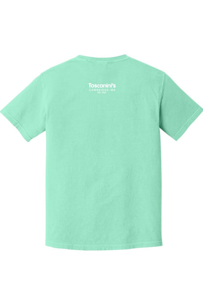 Mint green Comfort Colors short sleeve t-shirt featuring white Toscanini's Cambridge logo on the back.
