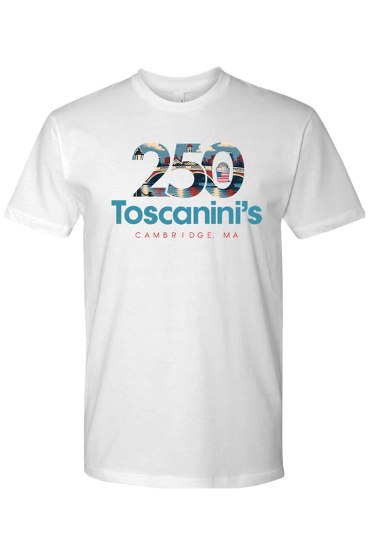 White cotton men's t-shirt featuring a Toscanini's 250th anniversary graphic with a patriotic bridge design.
