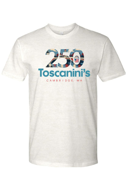 White cotton men's t-shirt featuring a Toscanini's 250th anniversary graphic with a Cambridge cityscape design.