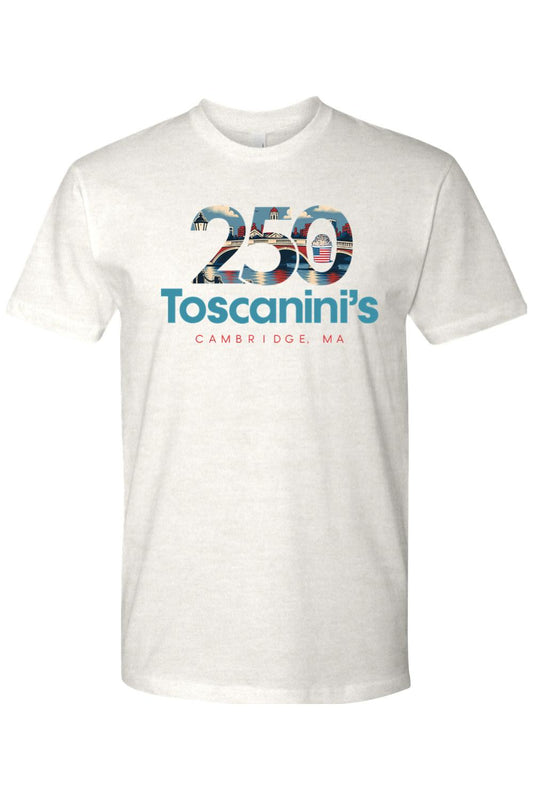 White cotton men's t-shirt featuring a Toscanini's 250th anniversary graphic with a Cambridge cityscape design.
