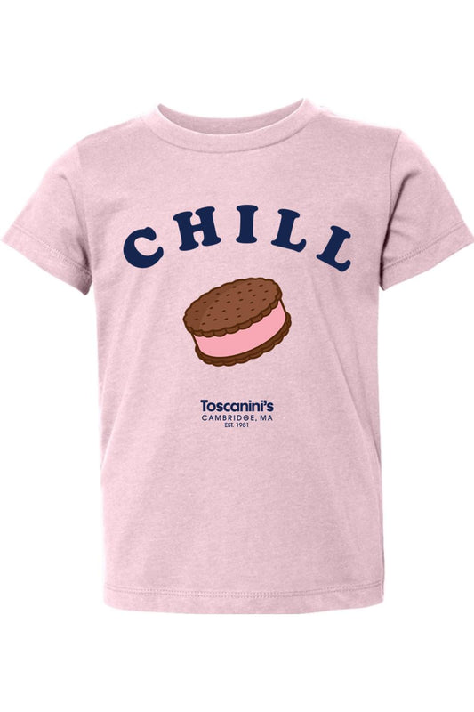 Soft pink toddler cotton t-shirt featuring a Chill ice cream sandwich graphic and Toscanini's logo.