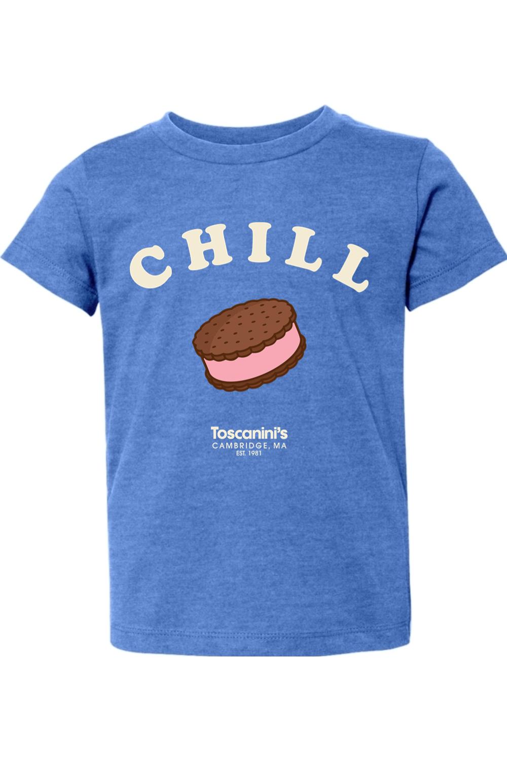Toddler blue heather 100% cotton t-shirt featuring a Chill ice cream sandwich graphic and Toscanini's logo.
