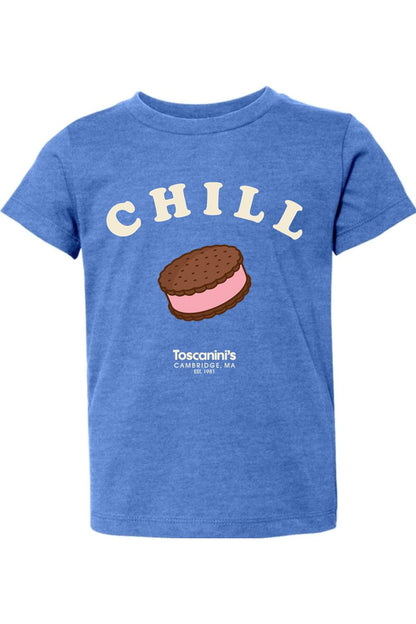 Toddler blue heather 100% cotton t-shirt featuring a Chill ice cream sandwich graphic and Toscanini's logo.
