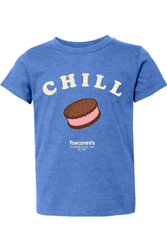 Toddler blue heather 100% cotton t-shirt featuring a Chill ice cream sandwich graphic and Toscanini's logo.