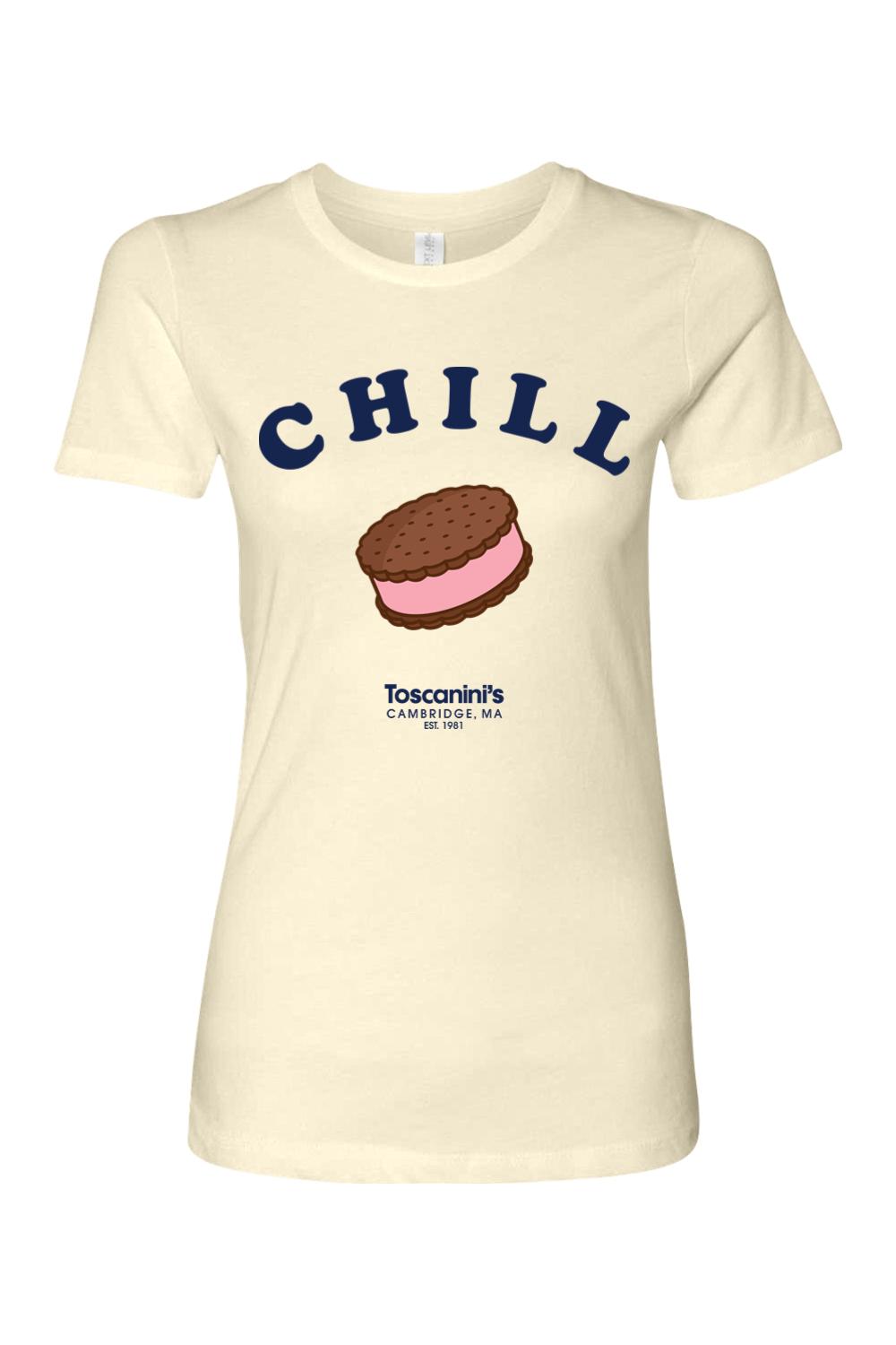 Cream-colored women's cotton t-shirt featuring a Chill graphic with an ice cream sandwich and Toscanini's logo.