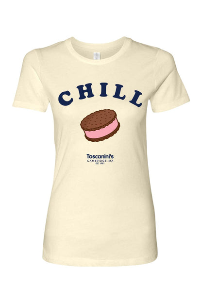 Cream-colored women's cotton t-shirt featuring a Chill graphic with an ice cream sandwich and Toscanini's logo.