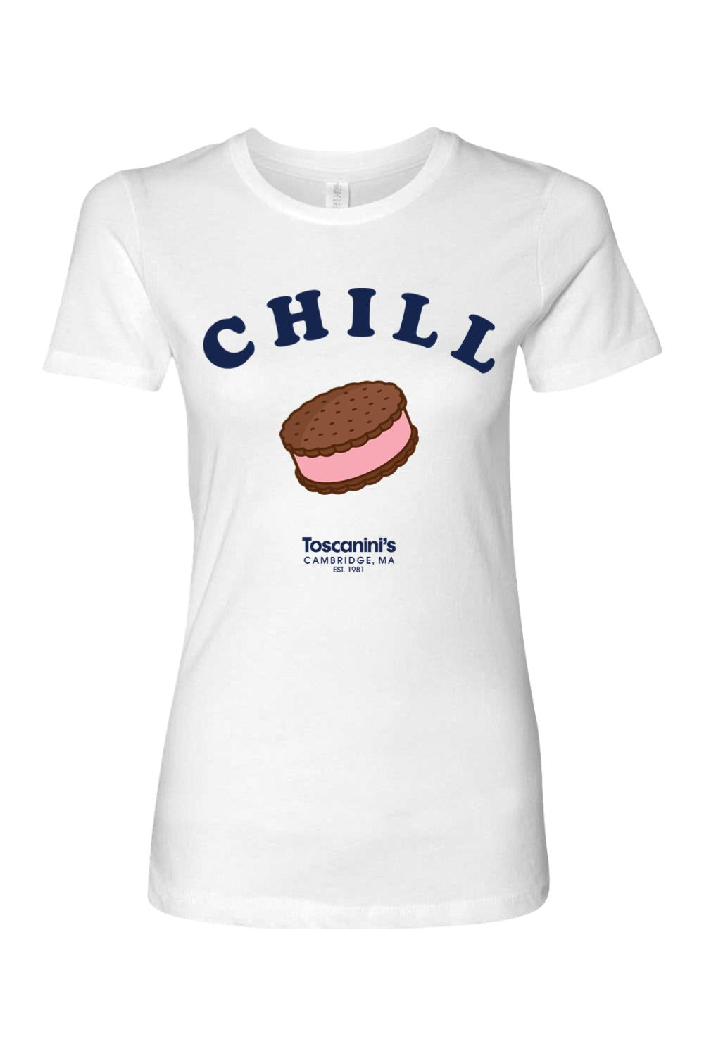 White women's cotton t-shirt featuring a blue Chill graphic and an ice cream sandwich illustration.