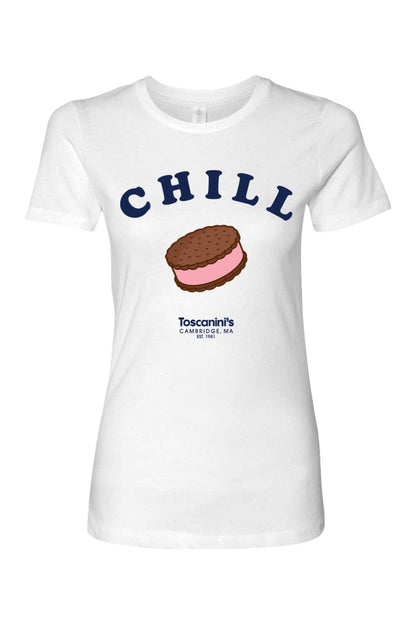 White women's cotton t-shirt featuring a blue Chill graphic and an ice cream sandwich illustration.