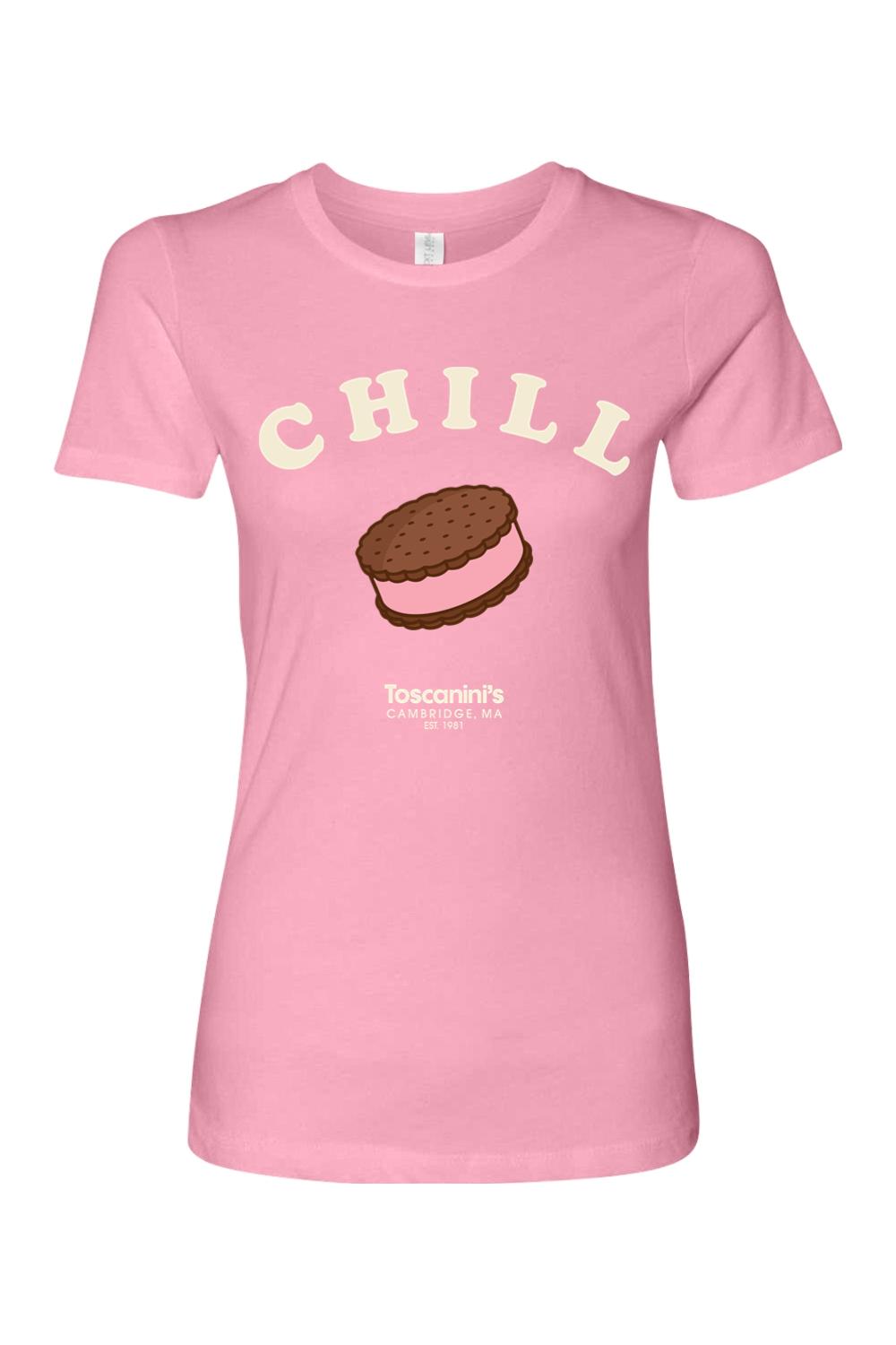 Pink women's 100% cotton T-shirt featuring a Chill ice cream sandwich graphic and Toscanini's logo.