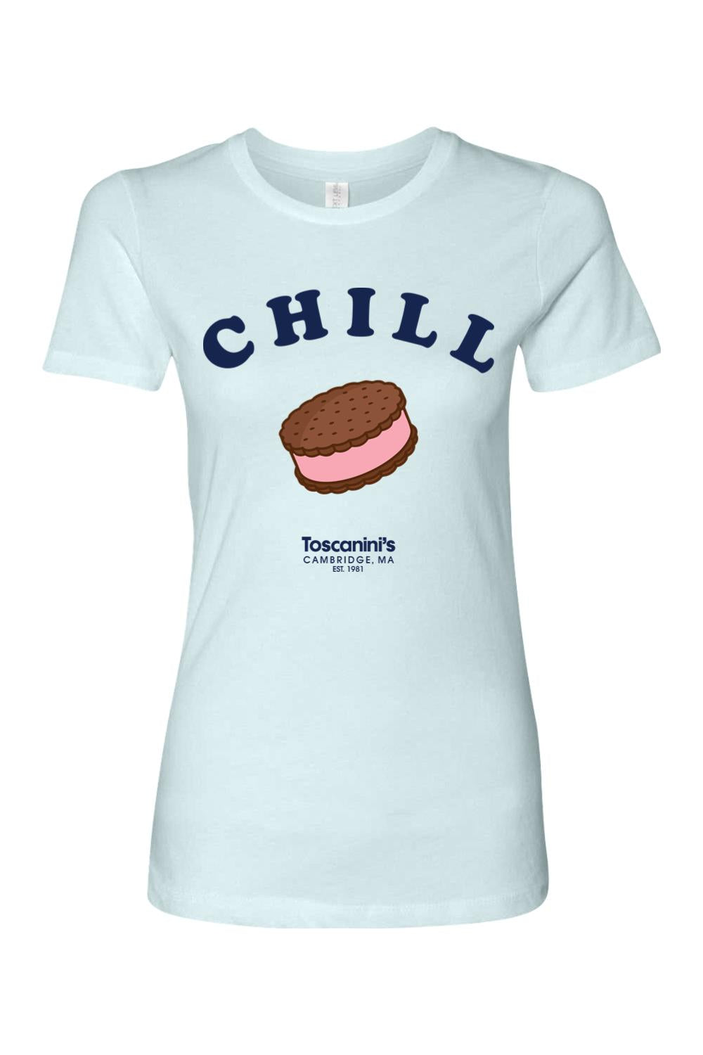 Light blue women's 100% cotton t-shirt featuring a CHILL graphic and an ice cream sandwich illustration.