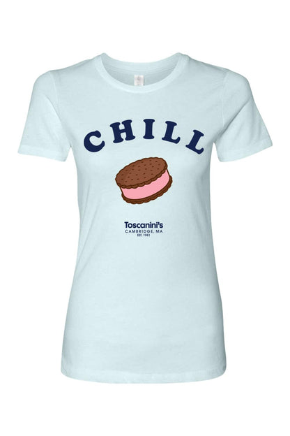 Light blue women's 100% cotton t-shirt featuring a CHILL graphic and an ice cream sandwich illustration.