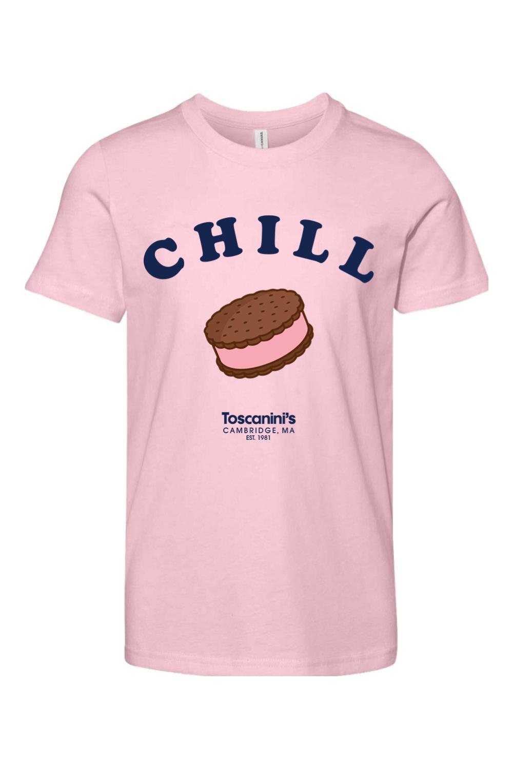 Light pink youth 100% cotton t-shirt featuring a navy CHILL graphic and an ice cream sandwich illustration.