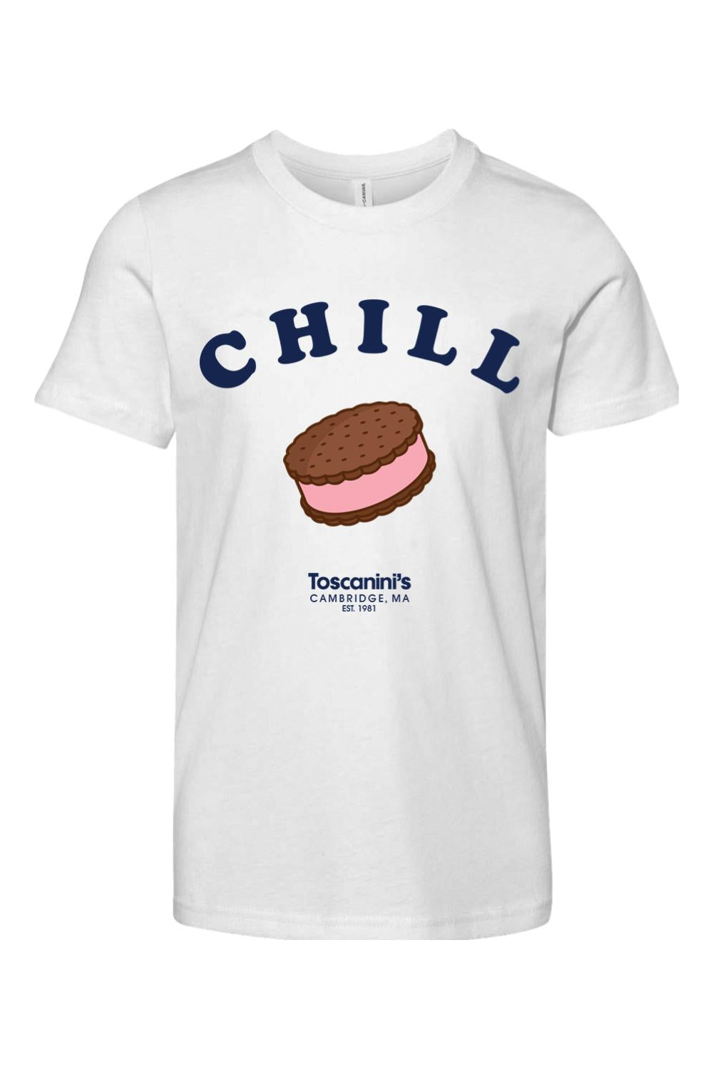 White youth cotton t-shirt featuring a CHILL graphic and an ice cream sandwich illustration with Toscanini's branding.