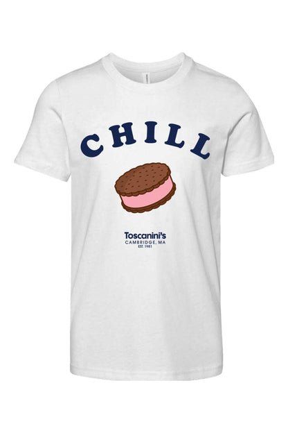 White youth cotton t-shirt featuring a CHILL graphic and an ice cream sandwich illustration with Toscanini's branding.
