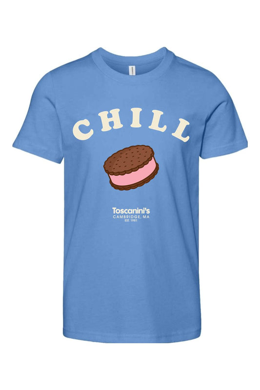 Youth blue 100% cotton t-shirt featuring a Chill ice cream sandwich graphic and Toscanini's Cambridge logo.