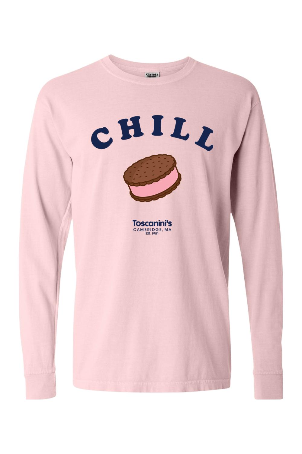 Light pink Comfort Colors long sleeve tee featuring a Chill ice cream sandwich graphic and Toscanini's logo.