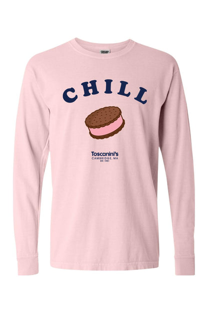 Light pink Comfort Colors long sleeve tee featuring a Chill ice cream sandwich graphic and Toscanini's logo.