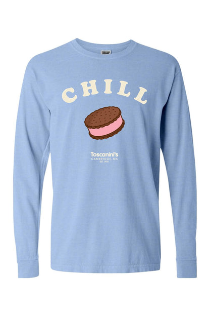 Light blue Comfort Colors long sleeve t-shirt with a Chill ice cream sandwich graphic and Toscanini's logo.
