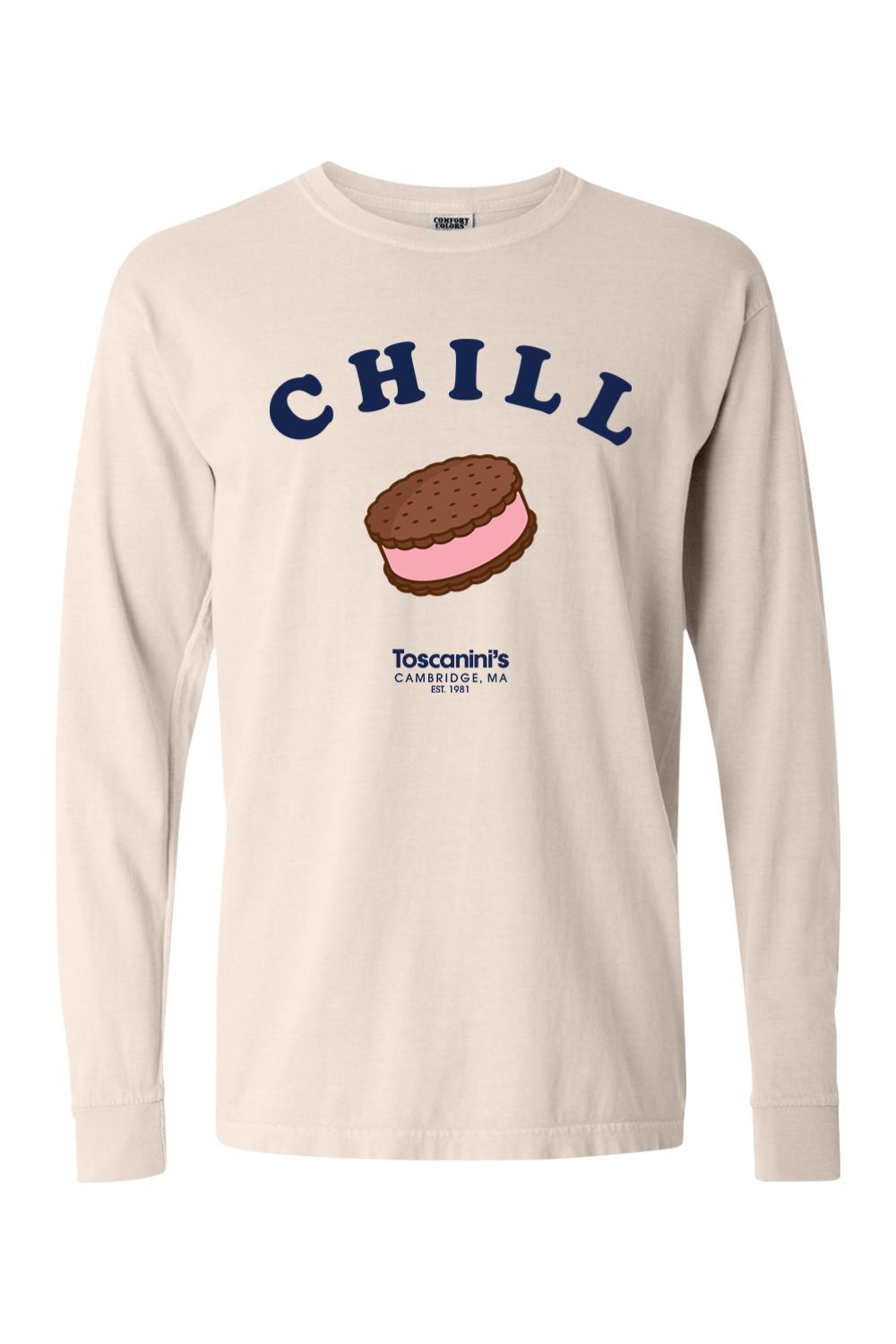 Beige Comfort Colors long sleeve tee featuring a Chill ice cream sandwich graphic and Toscanini's logo.