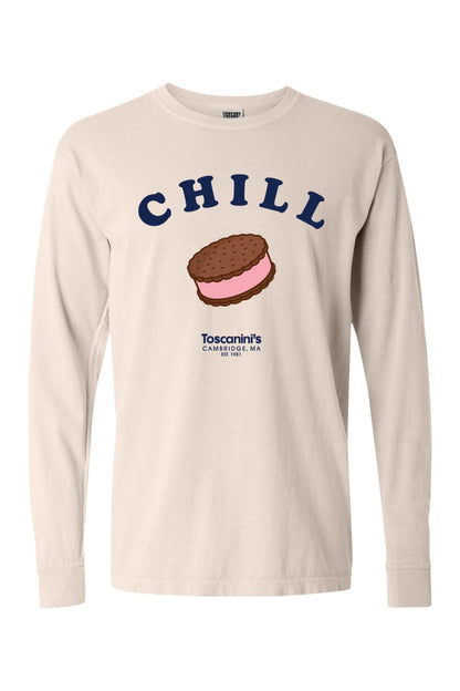 Beige Comfort Colors long sleeve tee featuring a Chill ice cream sandwich graphic and Toscanini's logo.