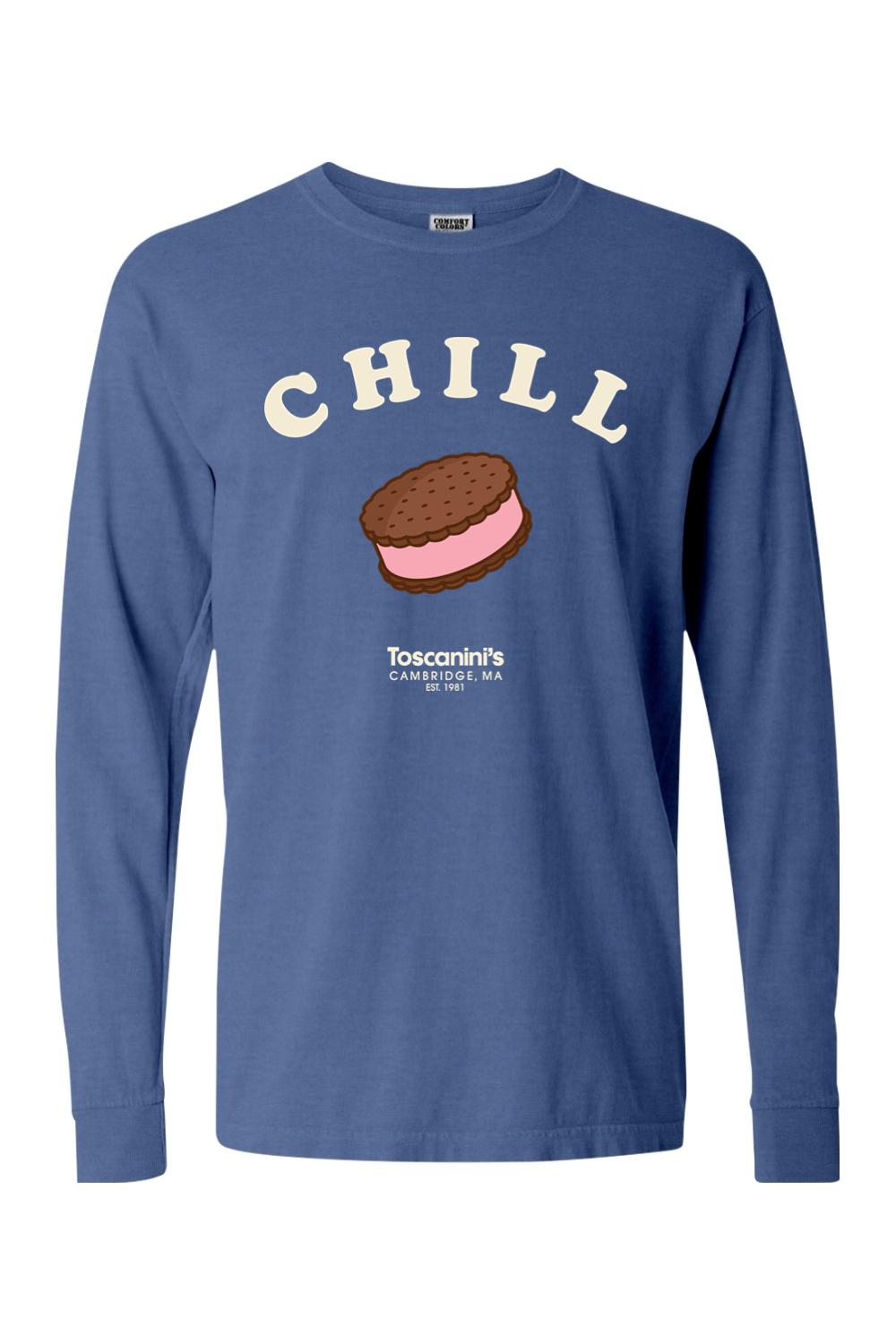 Blue Comfort Colors long sleeve t-shirt featuring a CHILL ice cream sandwich graphic and Toscanini's logo.
