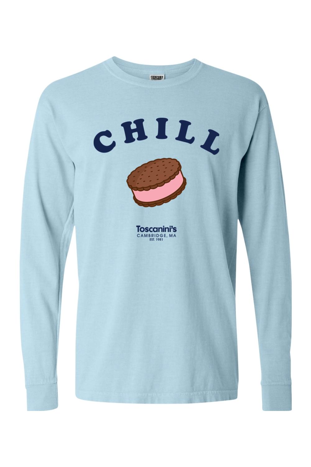 Light blue Comfort Colors long sleeve tee featuring a Chill ice cream sandwich graphic and Toscanini's logo.