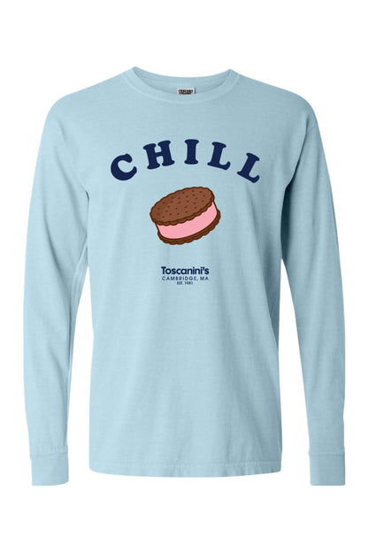 Light blue Comfort Colors long sleeve tee featuring a Chill ice cream sandwich graphic and Toscanini's logo.