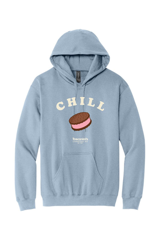 Light blue pullover hoodie featuring a Chill ice cream sandwich graphic and Toscanini's Cambridge logo on the chest.