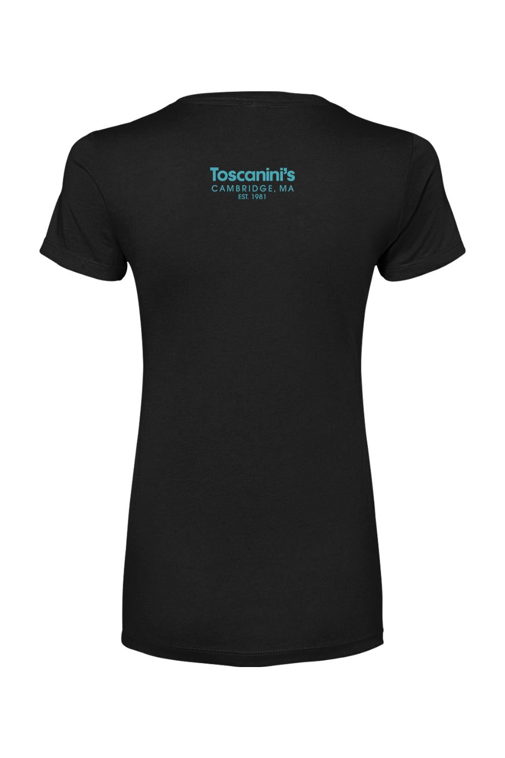 Black women's cotton blend t-shirt featuring a small blue Toscanini's Cambridge logo on the upper back.