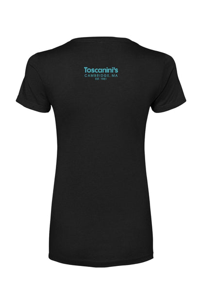 Black women's cotton blend t-shirt featuring a small blue Toscanini's Cambridge logo on the upper back.