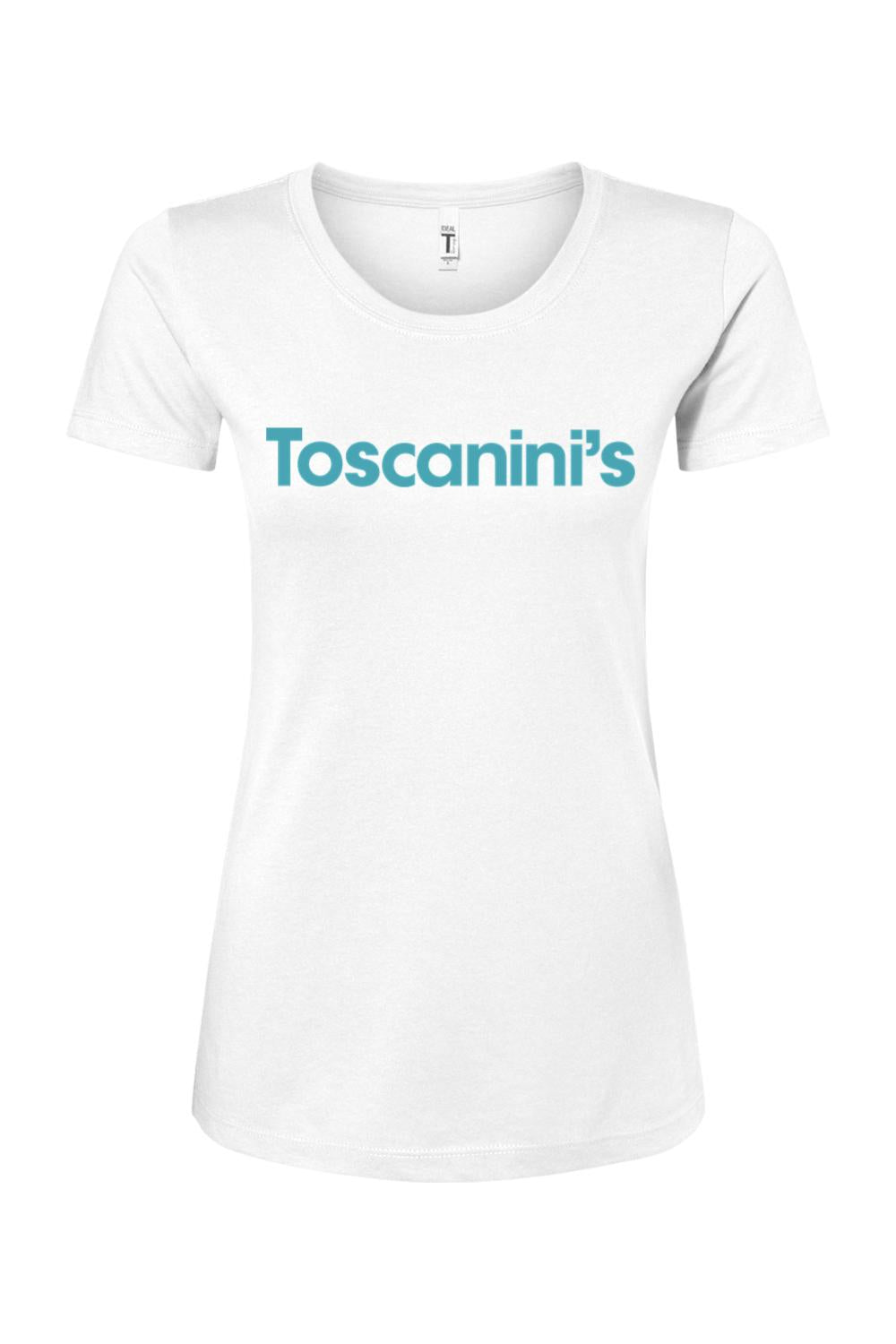Women's white cotton blend t-shirt featuring the blue Toscanini's logo printed on the chest.